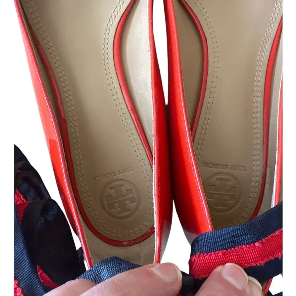 Tory Burch Maritime Ankle Wrap Ballet Flats Red Navy Patent Size 9